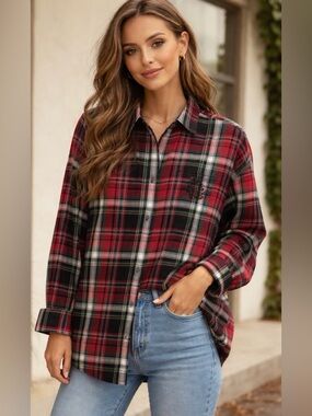 Ralph Lauren Red Plaid Embellished Plaid Tunic Size  Large